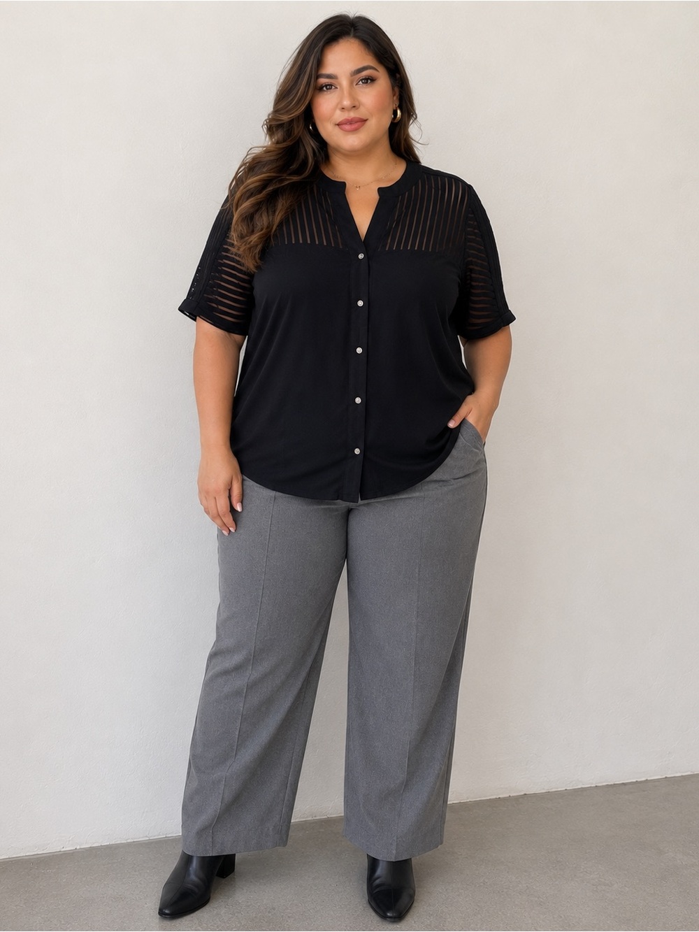 Atelier 29 Black Sheer Stripe Button Front Blouse Plus Size 2X NWT